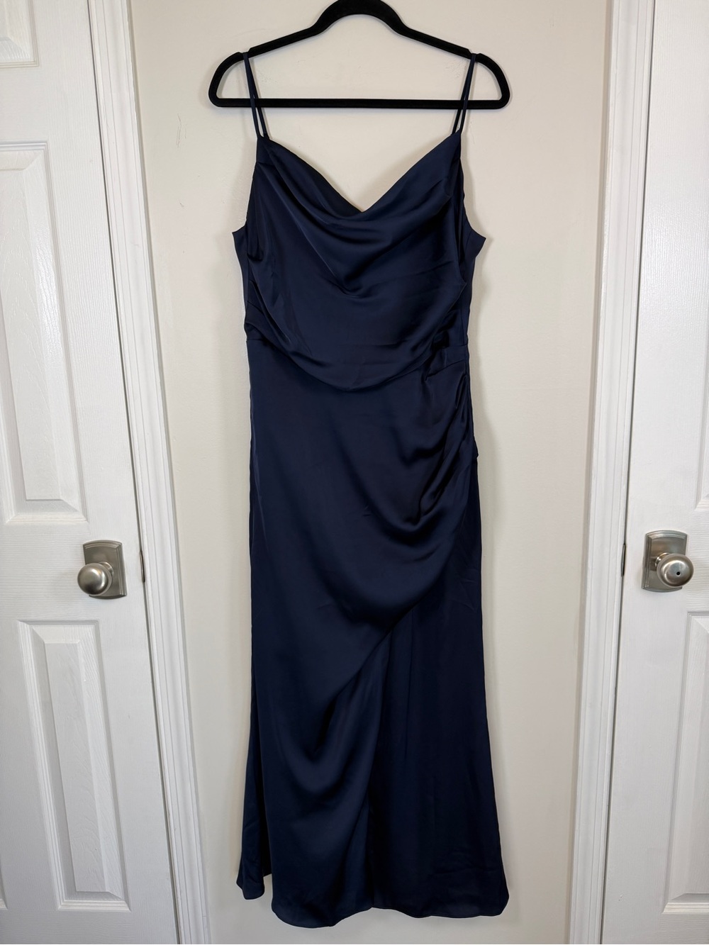 Birdy Grey Navy Cowl Neck Satin Maxi Evening Gown Ruched Draped Large